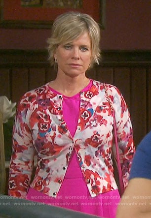 Kayla’s pink dress and floral cardigan on Days of our Lives