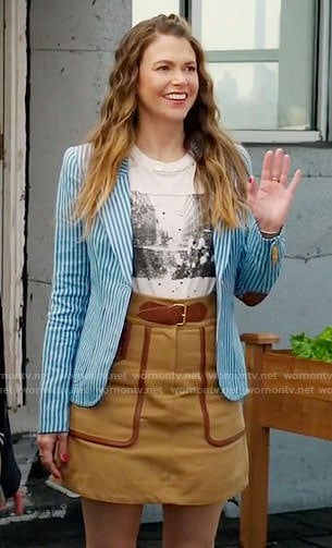 Liza’s blue striped blazer and camel belted skirt on Younger