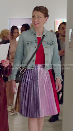 Liza’s red striped sleeve top and colorblock metallic pleated skirt on Younger