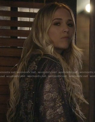 Maddie’s metallic floral jumpsuit on Nashville