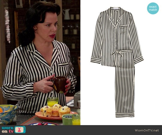 Olivia von Halle Lila striped silk-satin pajama set worn by Maggie (Debi Mazar) on Younger