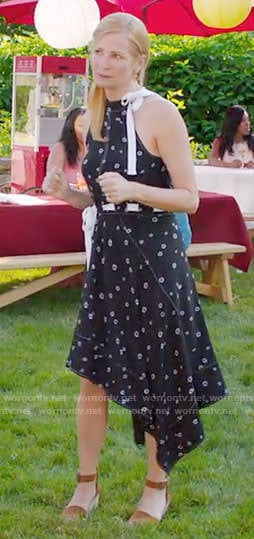 Pauline’s black and white printed dress with ribbon tie on Younger