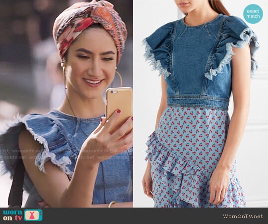 Philosophy Di Lorenzo Serafini Cropped Ruffled Denim Top worn by Adena El-Amin (Nikohl Boosheri) on The Bold Type