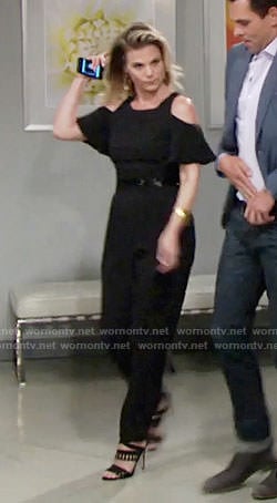 Phyllis’s black cold-shoulder jumpsuit on The Young and the Restless