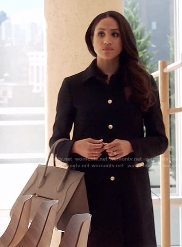 Rachel’s black coat with gold buttons on Suits
