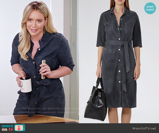 Reiss Chloe Suede Shirt Dress in Airforce Blue worn by Kelsey Peters (Hilary Duff) on Younger
