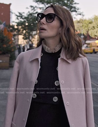 Sam’s buttoned dress with ruffle trim and pink coat on Friends from College