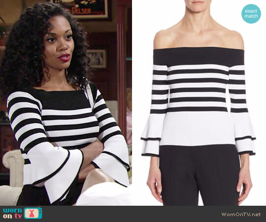 Scripted Striped Off-The-Shoulder Bell Sleeve Sweater worn by Hilary Curtis (Mishael Morgan) on The Young and the Restless