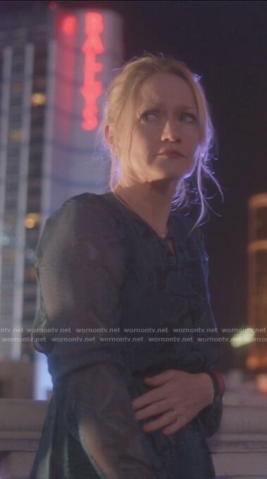Abby’s blue snake print keyhole dress on Ray Donovan