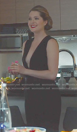 Sutton’s black plunging jumpsuit on The Bold Type