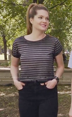 Sutton’s grey striped cropped tee on The Bold Type