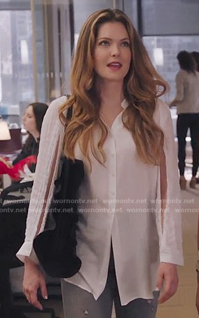 Sutton’s white slit sleeve shirt on The Bold Type