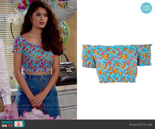 Topshop Floral Smocked Off the Shoulder Crop Top worn by Darlita (Danube Hermosillo) on The Bold and the Beautiful