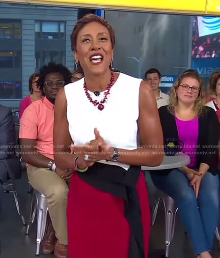 Robin’s white and red color-block dress with ruffle waist on Good Morning America