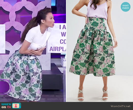 ASOS Prom Skirt with Deep Basque in Floral Jacquard worn by Jeannie Mai on The Real