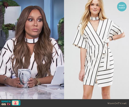 ASOS Wrap Dress with Choker Detail in Stripe worn by Adrienne Houghton on The Real