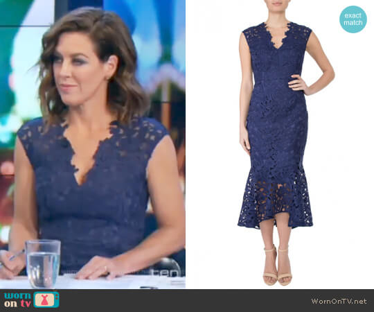 Anthea Crawford Indigo Guipure Lace Dress worn by Gorgi Coghlan on The Project