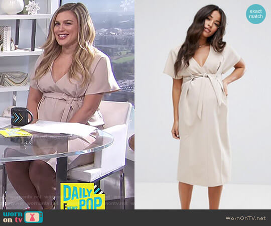 ASOS Maternity Plunge Neck Midi Column Dress with Eyelet Detail and Tie worn by Carissa Loethen Culiner on E! News