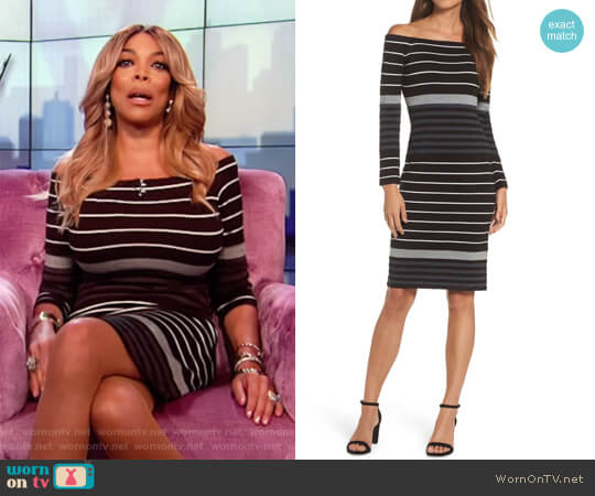 Eliza J Off the Shoulder Stripe Sheath Dress worn by Wendy Williams on The Wendy Williams Show