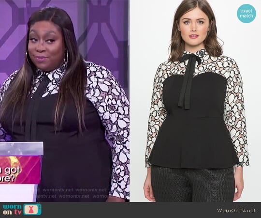 Eloquii Studio Lace Peplum Bow Blouse worn by Loni Love on The Real
