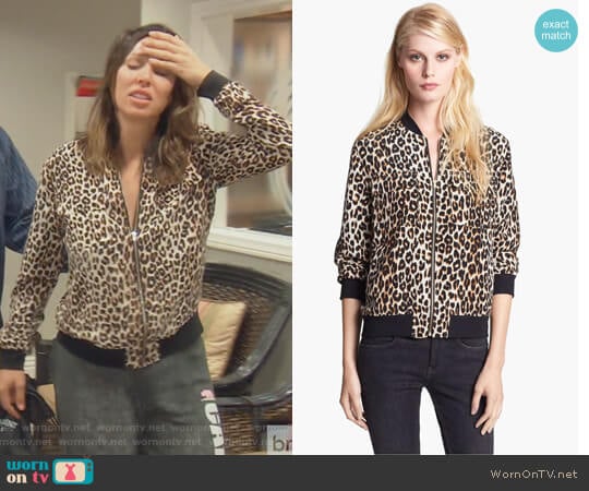 Equipment Abbot Leopard Print Silk Bomber Jacket worn by Kelly Dodd on The Real Housewives of Orange County
