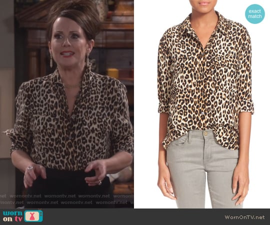 Equipment Slim Signature Silk Leopard Shirt worn by Karen Walker (Megan Mullally) on Will and Grace