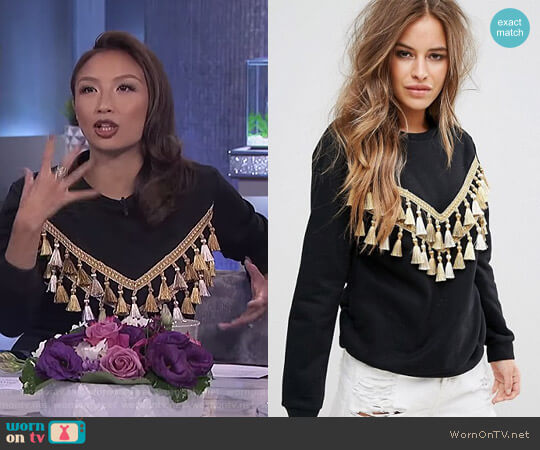 Glamorous Relaxed Sweatshirt with Chevron Tassel Trim worn by Jeannie Mai on The Real