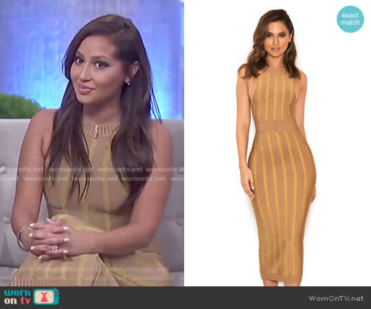 House of CB Marzena Camel and Gold Self Stripe Bandage Midi Dress worn by Adrienne Houghton on The Real
