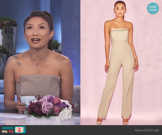 House of CB Silver Mink Strapless Panel Front Jumpsuit worn by Jeannie Mai on The Real