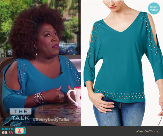 INC International Concepts Studded Cold-Shoulder Top worn by Sheryl Underwood on The Talk