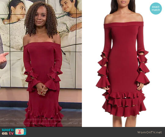 Jonathan Simkhai Slashed Knit Ruffle Off the Shoulder Dress worn by Zuri Hall on E! News