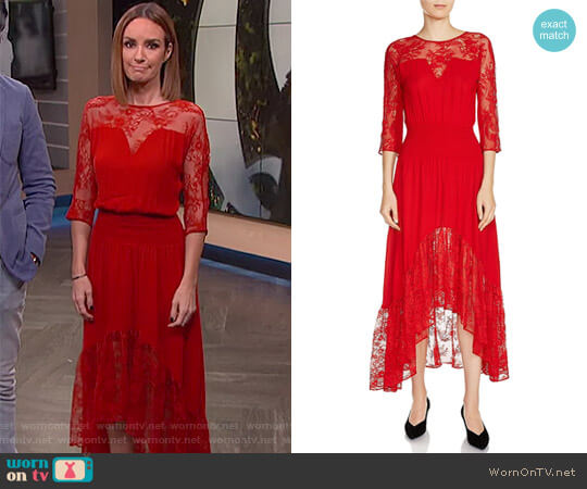 Maje Ritema Asymmetric Lace Midi Dress worn by Catt Sadler on E! News