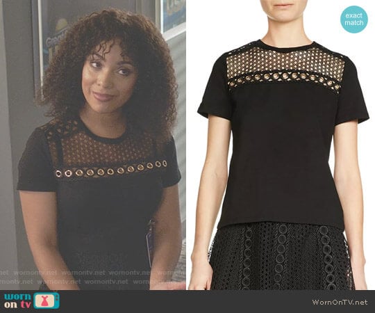 Maje Toby Lace-Inset Top worn by Aaliyah Luckett (Raney Branch) on Being Mary Jane
