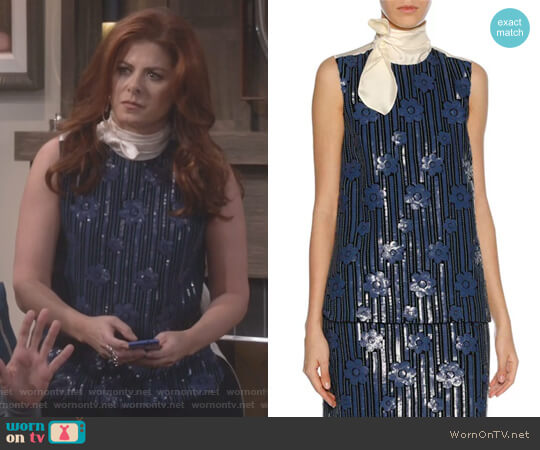 Marni Sequined Flowerbed Tie-Neck Top worn by Grace Adler (Debra Messing) on Will and Grace