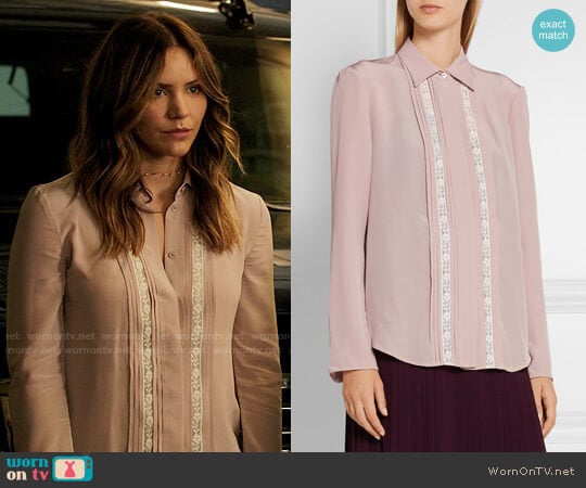 Prada Lace-trimmed silk crepe de chine shirt worn by Paige Dineen (Katharine McPhee) on Scorpion