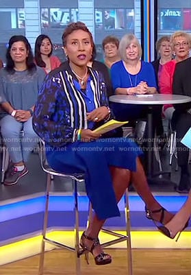 Robin’s blue mixed print blouse and wrap skirt on Good Morning America