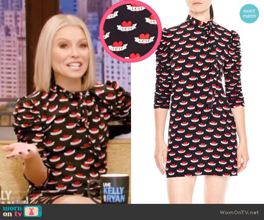 Sandro Ruched Sleeve Tattoo Print Dress worn by Kelly Ripa on Live with Kelly and Mark