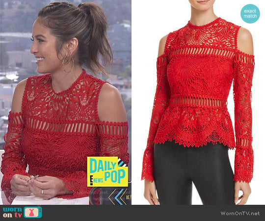Saylor Sistine Embroidered Lace Cold-Shoulder Top worn by Erin Lim on E! News