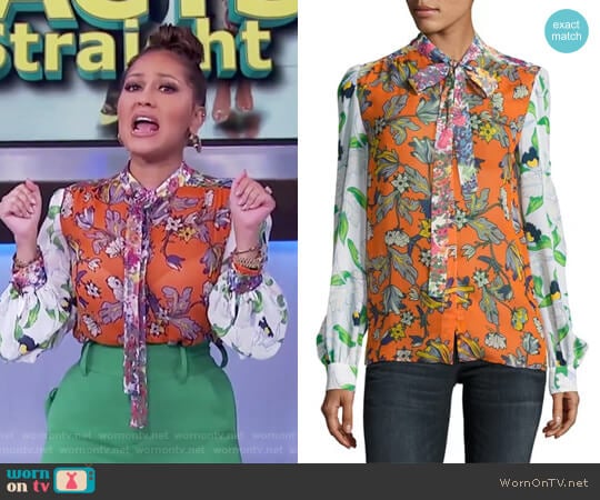 Tory Burch Kia Tie-Neck Graphic-Print Silk Blouse worn by Adrienne Houghton on The Real