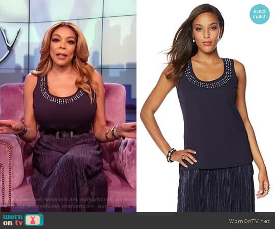 Wendy Williams HSN Collection Navy embellished neckline tank top worn by Wendy Williams on The Wendy Williams Show