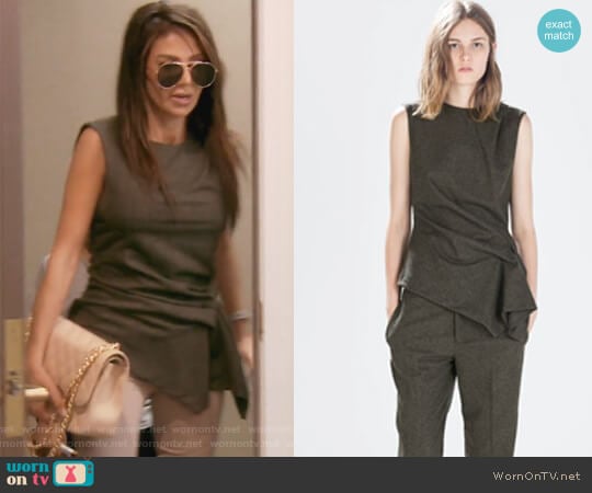 Zara Green Side Gathered Sleeveless Top worn by Peggy Sulahian on The Real Housewives of Orange County