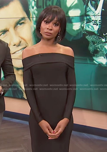 Zuri’s black off-shoulder long sleeve dress on E! News
