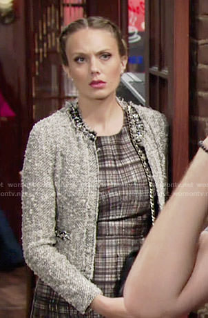 Abby’s grey embellished tweed jacket on The Young and the Restless