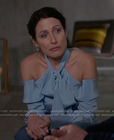 Abby’s blue off-shoulder tie-neck blouse on Girlfriends Guide to Divorce