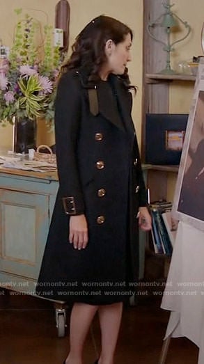 Abby’s black coat with gold buttons on Girlfriends Guide to Divorce