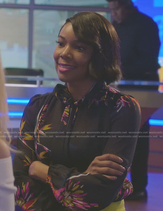 Mary Jane’s black printed tie blouse on Being Mary Jane