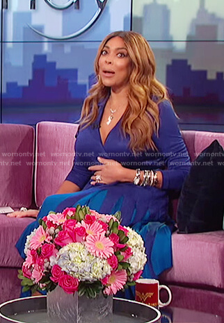 Wendy’s blue v-neck long sleeved pleated dress on The Wendy Williams Show
