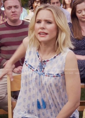 Eleanor’s blue printed sleeveless top with tassels on The Good Place
