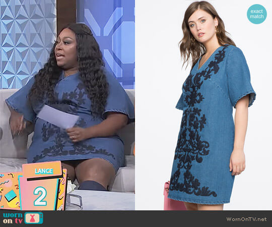 Eloquii Embroidered A Line Denim Dress worn by Loni Love on The Real