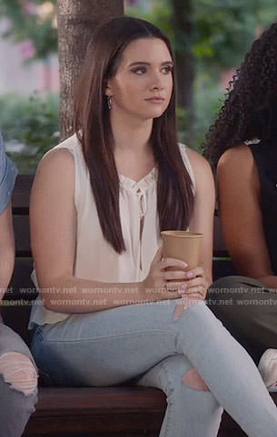 Jane’s white sleeveless tie top on The Bold Type